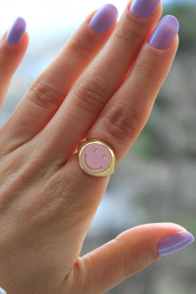 Smile Pembe Mineli Ayarlanabilir Yüzük Gold Renk