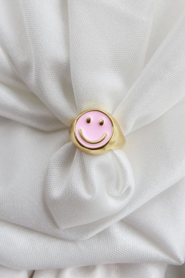 Smile Pembe Mineli Ayarlanabilir Yüzük Gold Renk