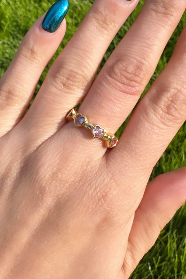 Gold Zirkon Pembe Taşlı Kalp Yüzük