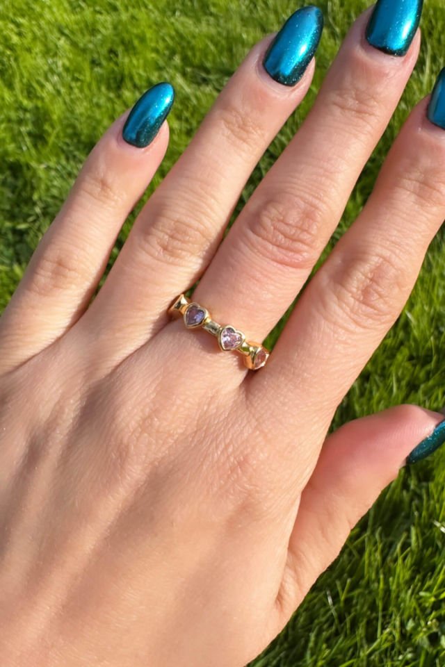 Gold Zirkon Pembe Taşlı Kalp Yüzük