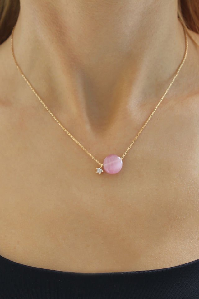 Pembe Doğal Taş Bonibon Kolye