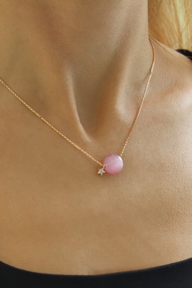 Pembe Doğal Taş Bonibon Kolye