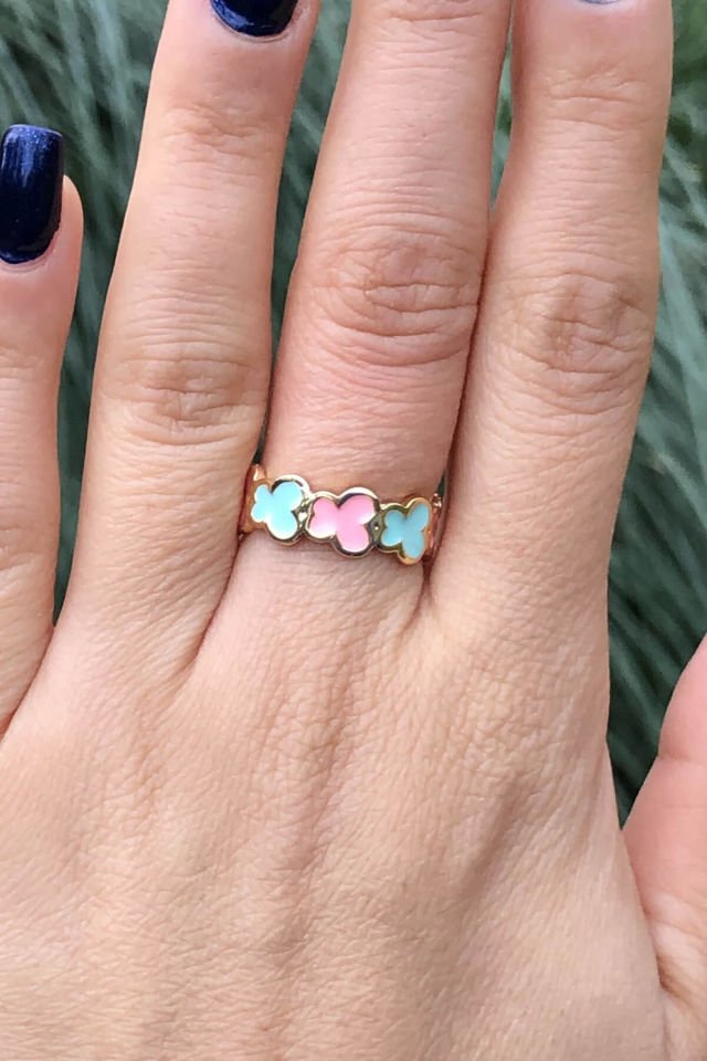 Kelebek Desenli Pembe ve Mint Yeşili Renk Ayarlanabilir Mineli Yüzük