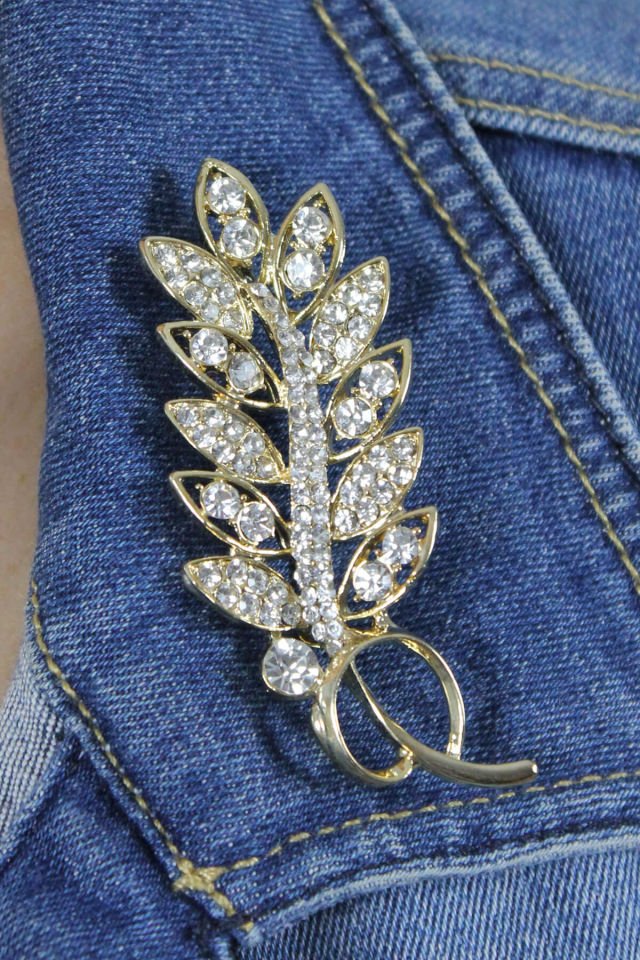 Zirkon Taşlı Gold Yaprak Broş