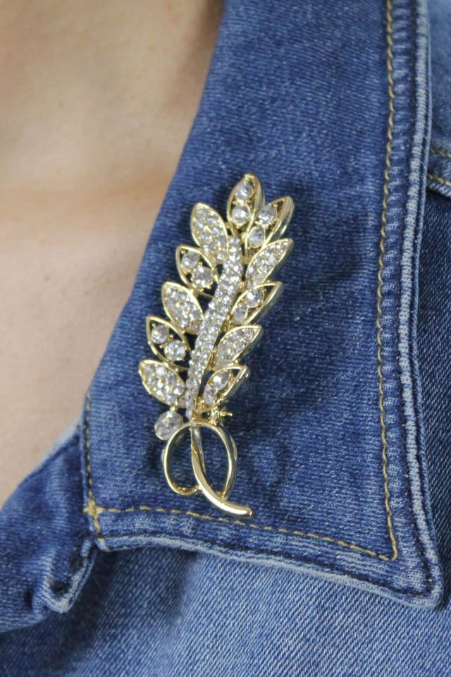 Zirkon Taşlı Gold Yaprak Broş