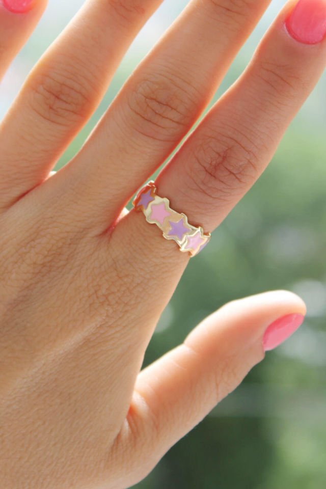 Pembe Lila Mineli Sıralı Yıldız Ayarlanabilir Yüzük