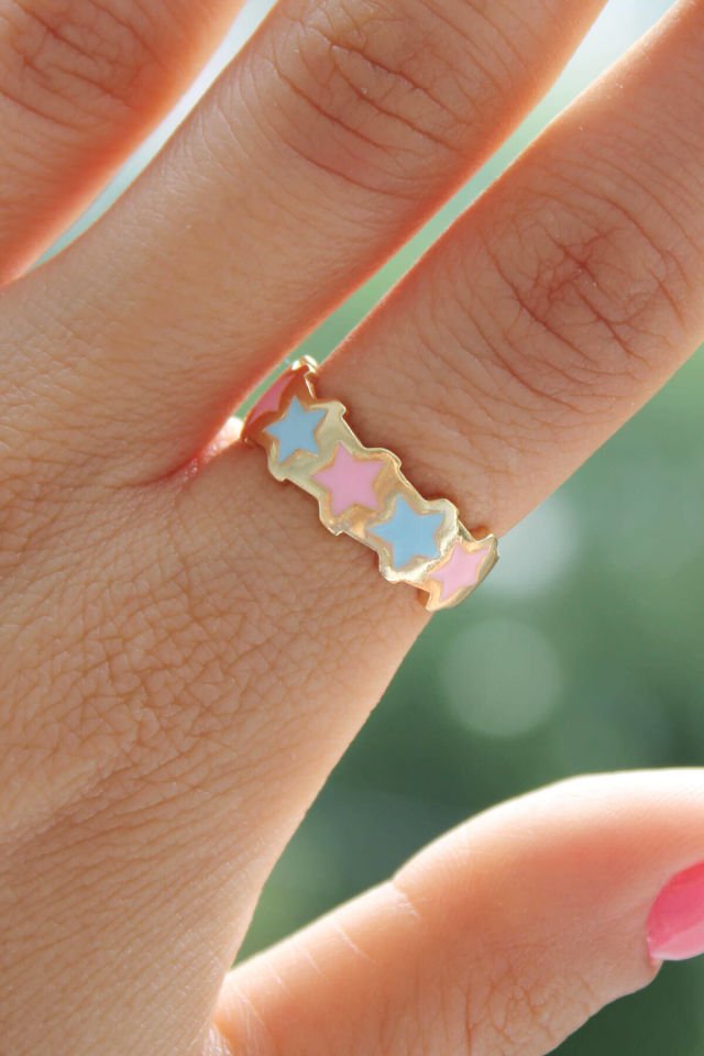Pembe-Mavi Sıralı Yıldız Mineli Gold Yüzük - Ayarlamalı