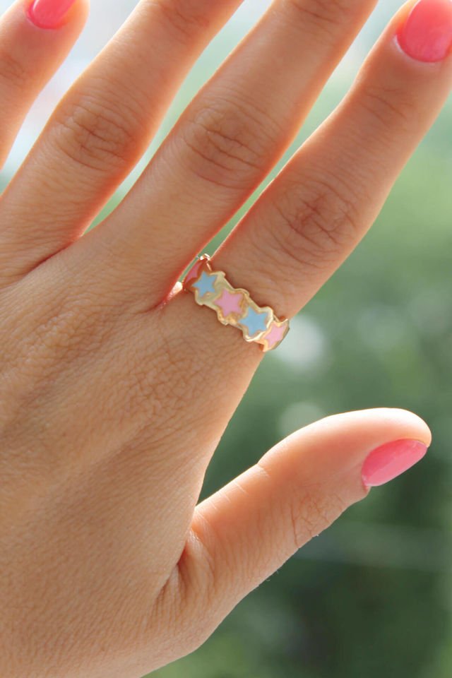Pembe-Mavi Sıralı Yıldız Mineli Gold Yüzük - Ayarlamalı