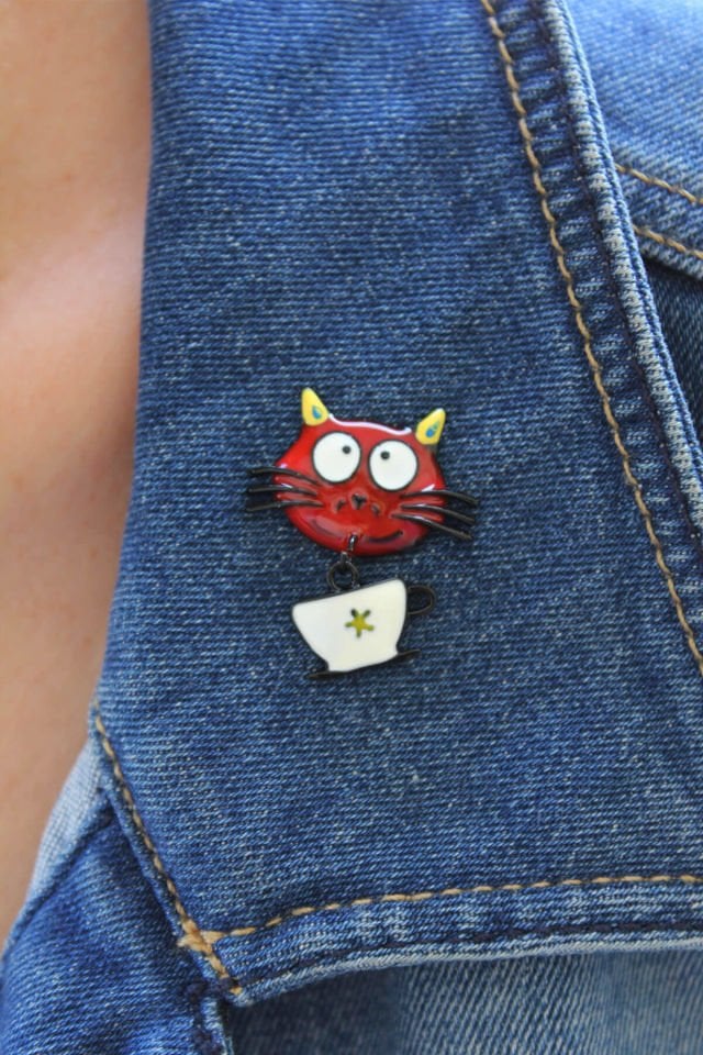 Mini Kırmızı Kedi Broş