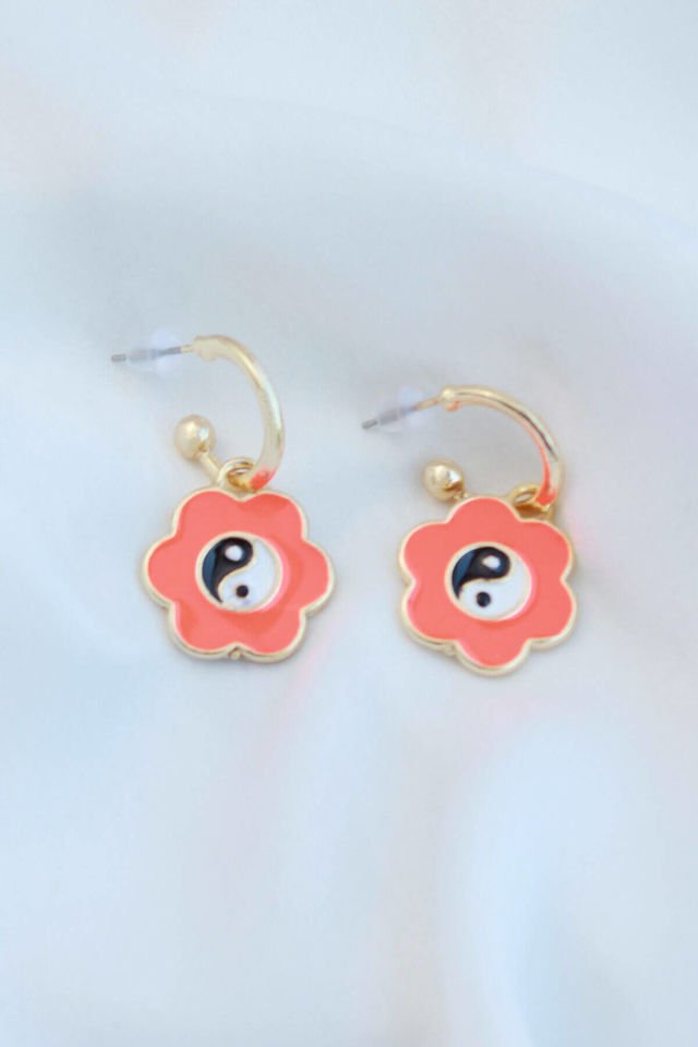 Neon Turuncu Mineli Ying Yang Çiçek Küpe