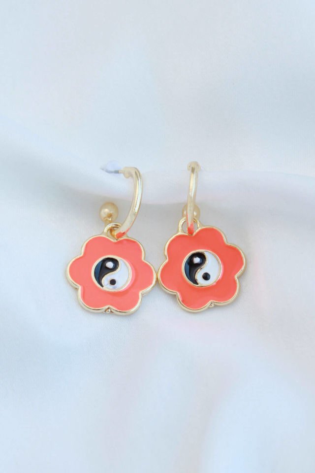 Neon Turuncu Mineli Ying Yang Çiçek Küpe