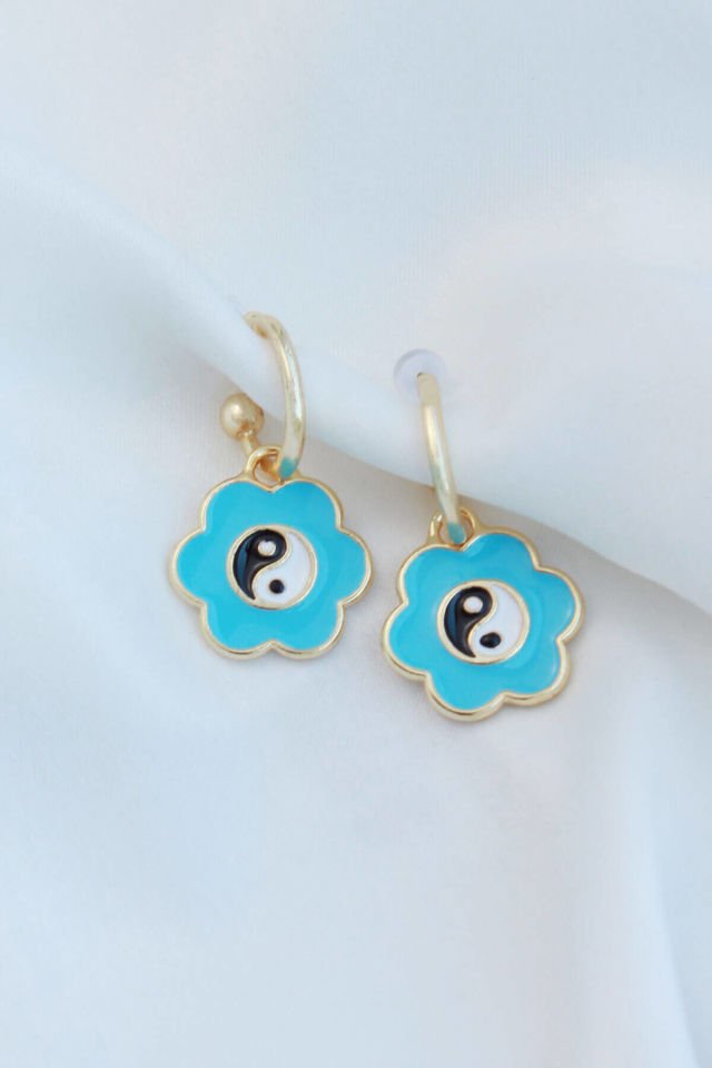 Mavi Ying Yang Çiçek Küpe - Mineli