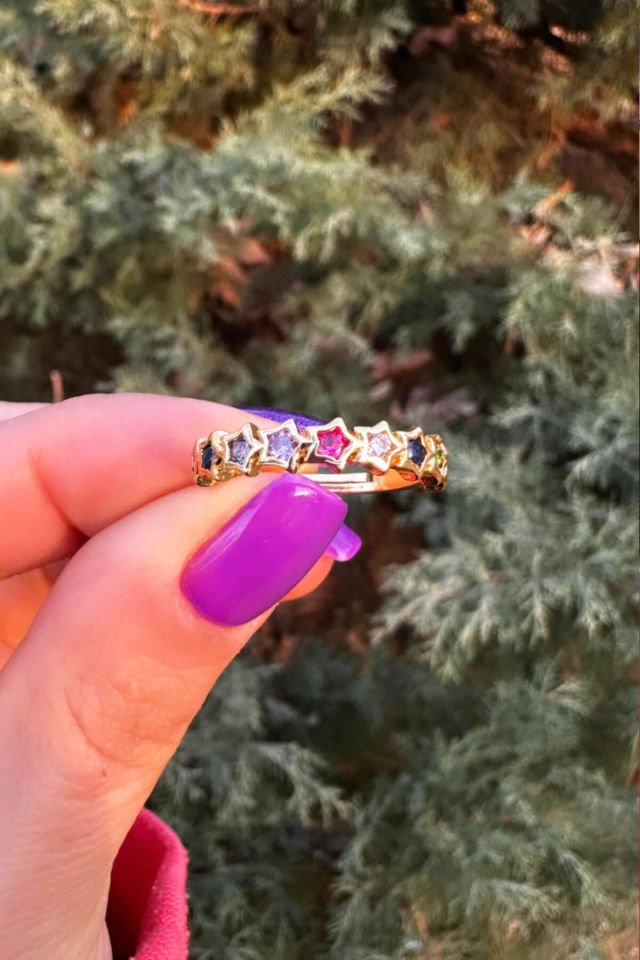 Renkli Zirkon Taşlı Sıralı Yıldız Ayarlanabilir Yüzük - Gold